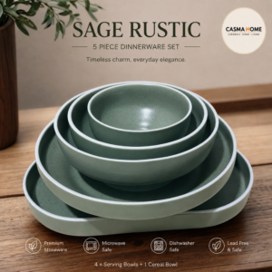 Sage Rustic 5-Piece stoneware dinnerware set in speckled sage green — 4 serving bowls and 1 cereal bowl